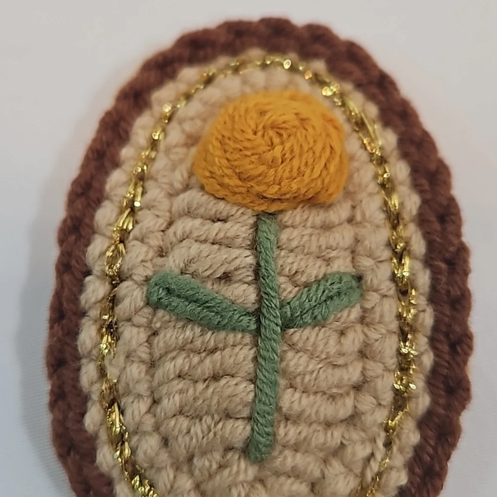 Hand Crafted Hand Knit Crochet Hair Clip Handmade embroidery yellow rose beige